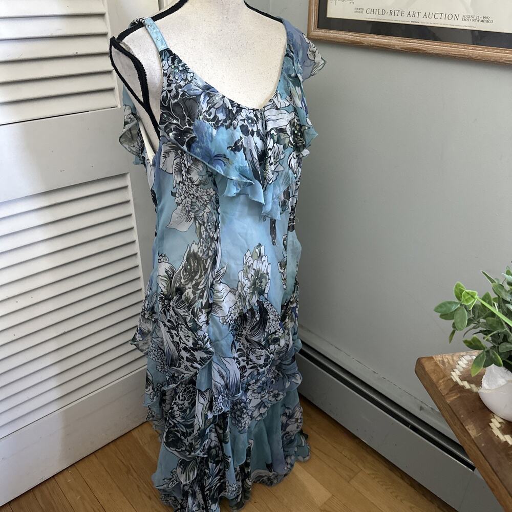 Vintage Dressbarn Dress Womens 16 Blue Tiered Asymmetric Beaded Y2K Fairy Grunge - Picture 4 of 10